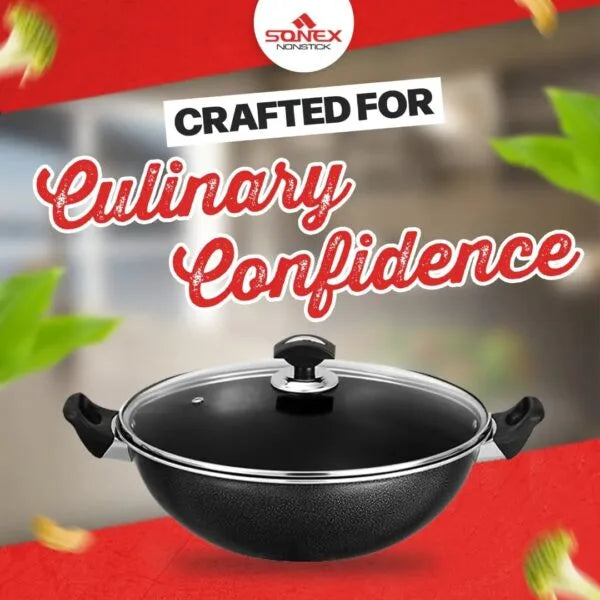 Black wok with lid on a red background, featuring Sonex Nonstick branding.