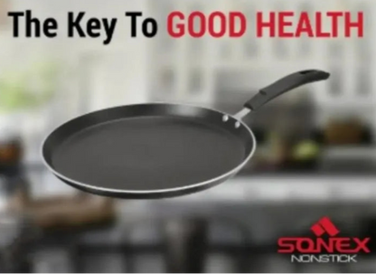 Black nonstick frying pan with 'Sonex' branding against a blurred kitchen background.