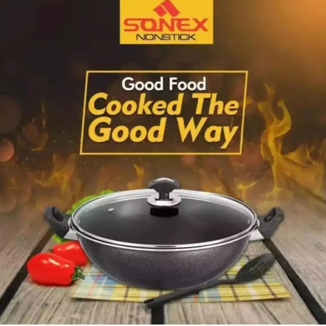 Nonstick cookware with flames and vegetables on a wooden surface, featuring Stonex Nonstick branding.