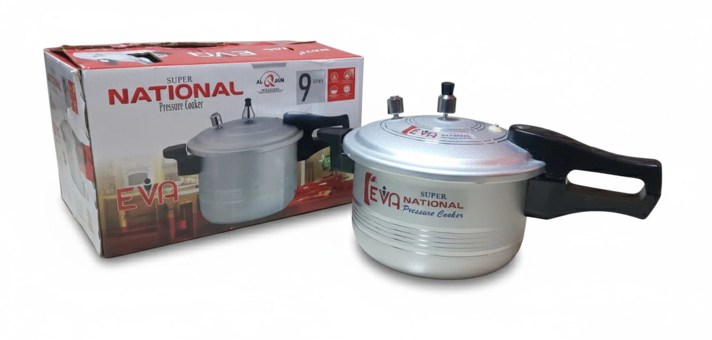 Pressure cooker with packaging displaying 'Eva' and 'National' branding on a white background.