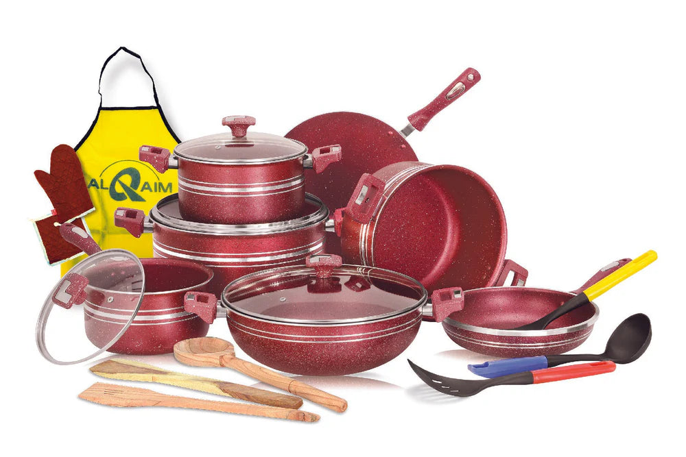21-Piece Marble Coated Jumbo Cookware Set with Free Gifts | Non-Stick | Blue, Red & Grey