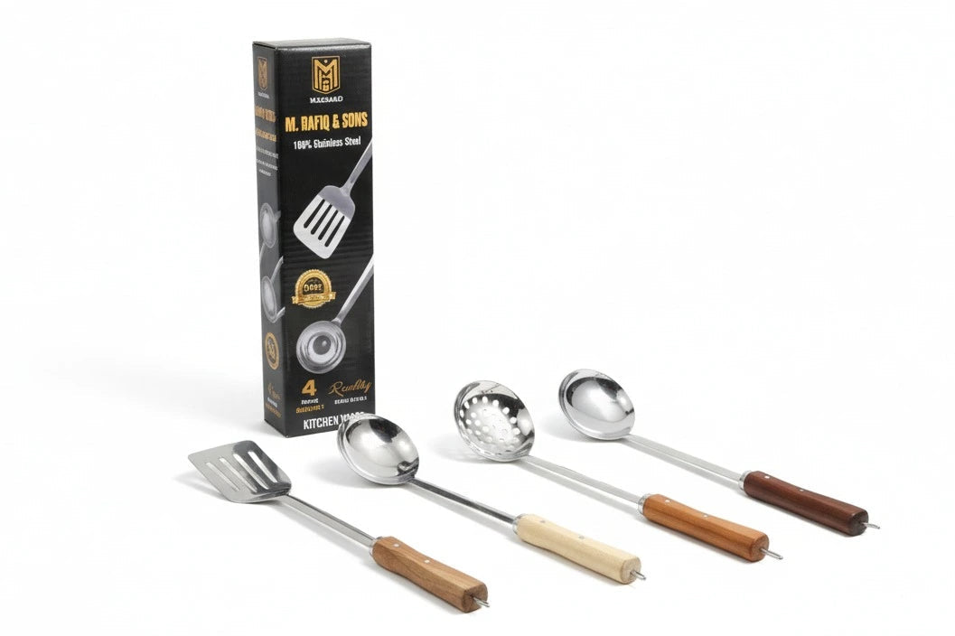 Set of kitchen utensils with wooden handles next to their packaging on a white background
