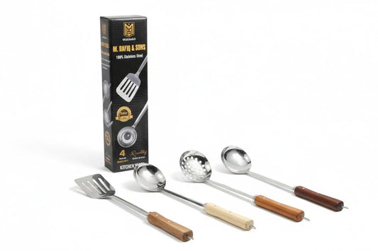 Set of kitchen utensils with wooden handles next to their packaging on a white background