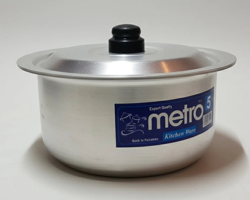 Metal pot with a lid and 'metro 5' label on a white background