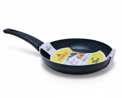 Black frying pan with a brand label on a white background