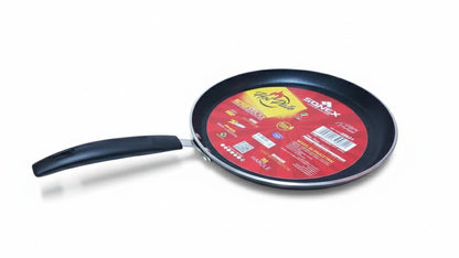 Frying pan with a red label on a white background
