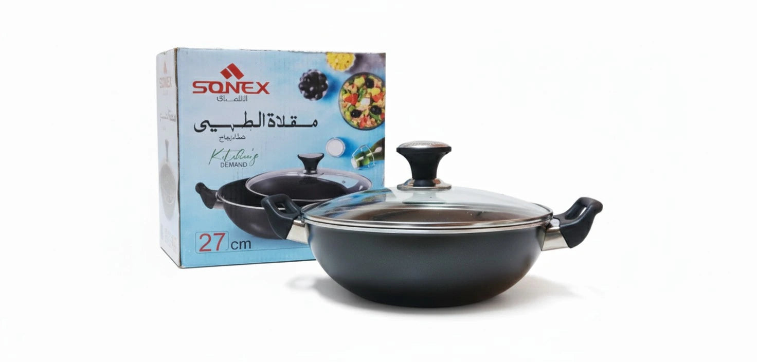 Black cookware set with a lid and packaging displaying 'Sonex' brand on a white background