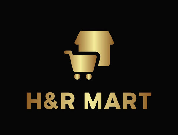 Gold logo of H&R Mart with a house and shopping cart icon on a black background