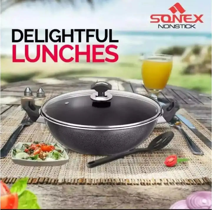 Nonstick cookware set with a scenic background featuring Sonex branding.