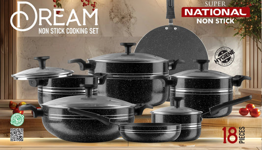 Dream and National non-stick cooking set with pots, pans, and utensils on a beige background.