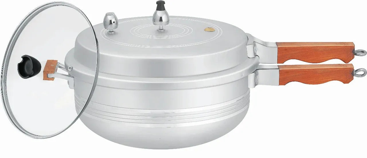 Wood Handle Karahi Pressure Cooker with Glass Lid | Non-Stick & Heavy Anodized