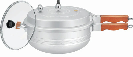 Wood Handle Karahi Pressure Cooker with Glass Lid | Non-Stick & Heavy Anodized