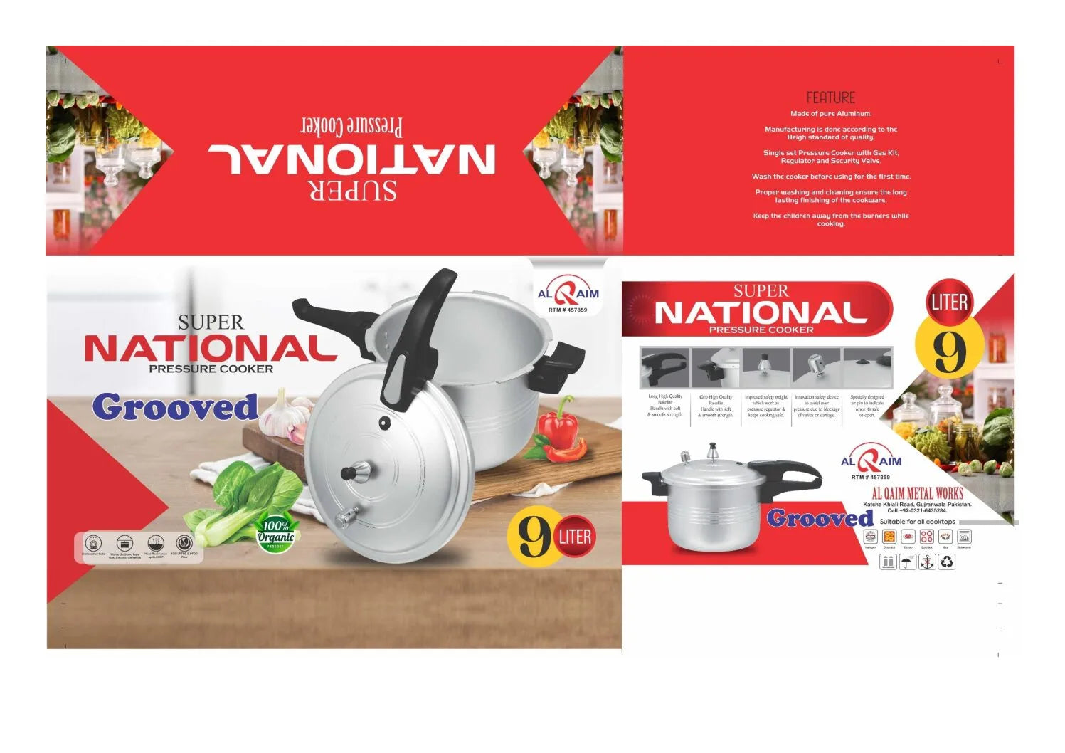 National Super Grooved pressure cooker packaging with red and white design.