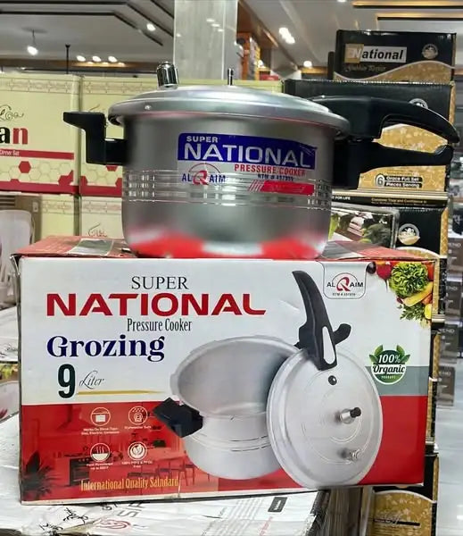 Super National pressure cooker on display with packaging in a store setting
