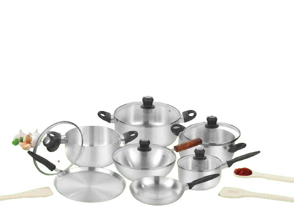 Prisma 15-Piece Metal Finish Cookware Set with Glass Lids | Complete Kitchen Set